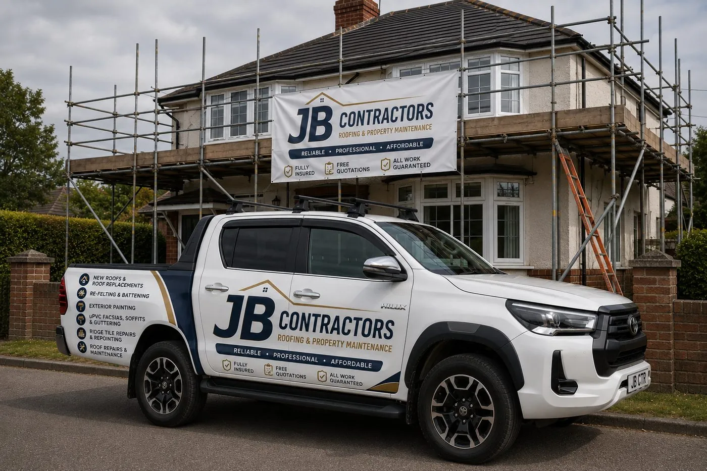 Mousehole Roofing pickup truck on site at a scaffolded roofing job in Mousehole