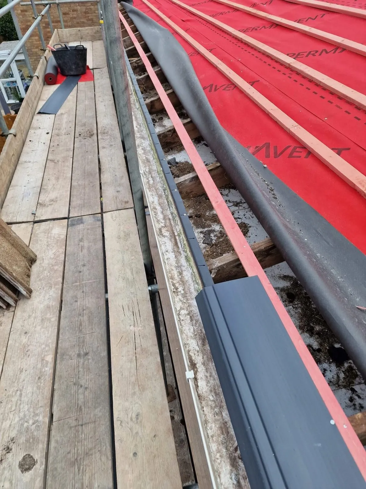 Breathable membrane and battens fitted during a re-roof in Mousehole